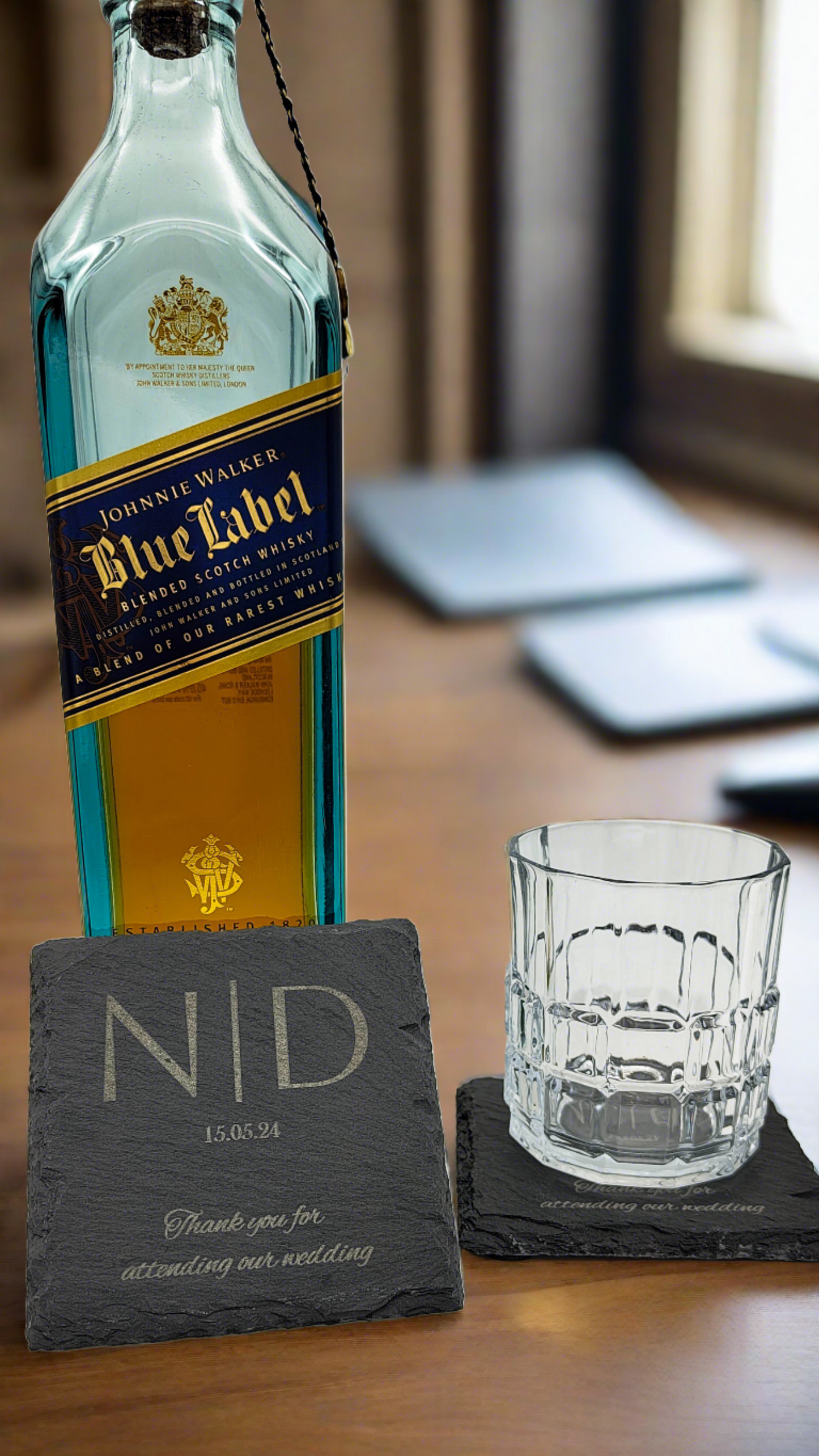 Engraves slate coaster.