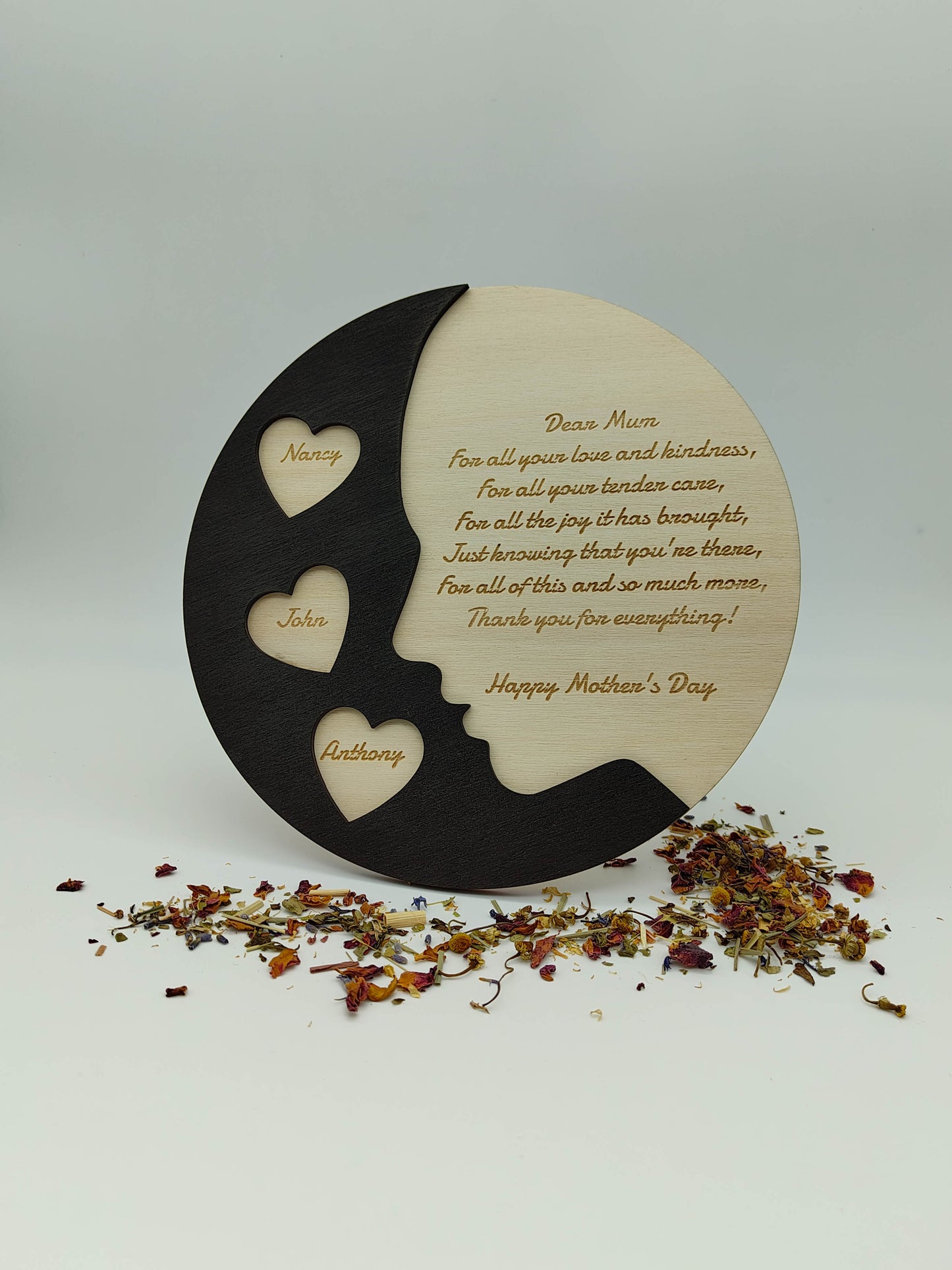 Mother’s Day engraved silhouette plaque.